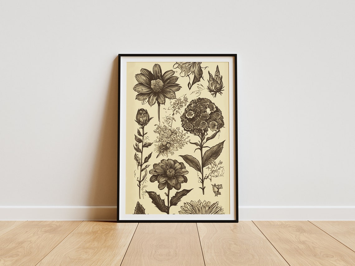 Elegant Black Ink Botanical Flowers Study Vintage Style Poster
