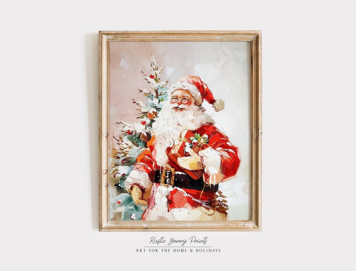 Santa Claus Holding Gifts Snowy Tree Loose Brushwork Christmas Poster