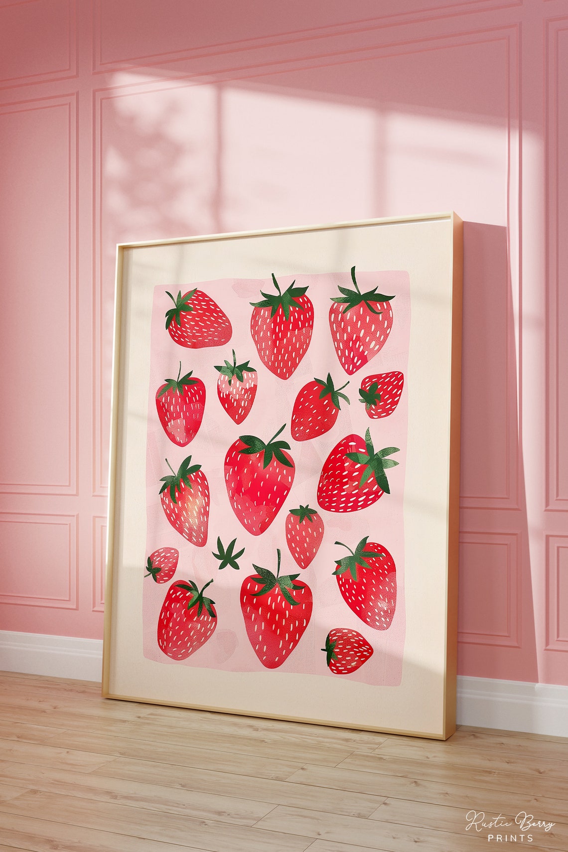 Red Strawberries Pattern Pink Background Playful Fruit Print Wall Art