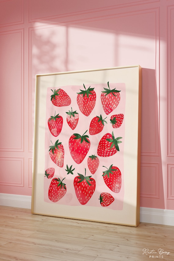 Cute Pink Strawberries Art Print Vintage Poster Food Art Poster Fruit Poster Kitchen Wall Art Decor