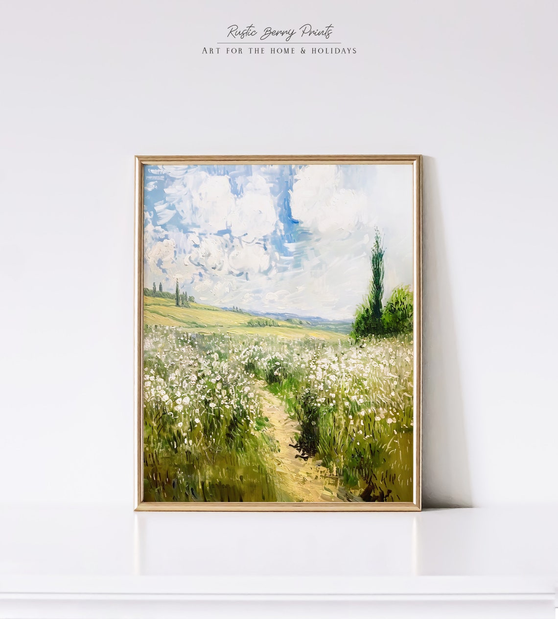 White Wildflower Meadow Winding Path Cypress Trees Blue Sky Art Poster - Image 3