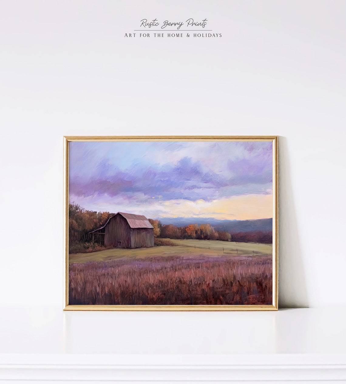 Weathered Red Barn In Golden Field Under Purple Sunset Sky Rural Print