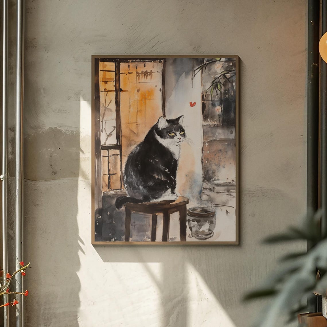 Tuxedo Cat On Stool By Glowing Shoji Window Red Heart Poster - Image 2