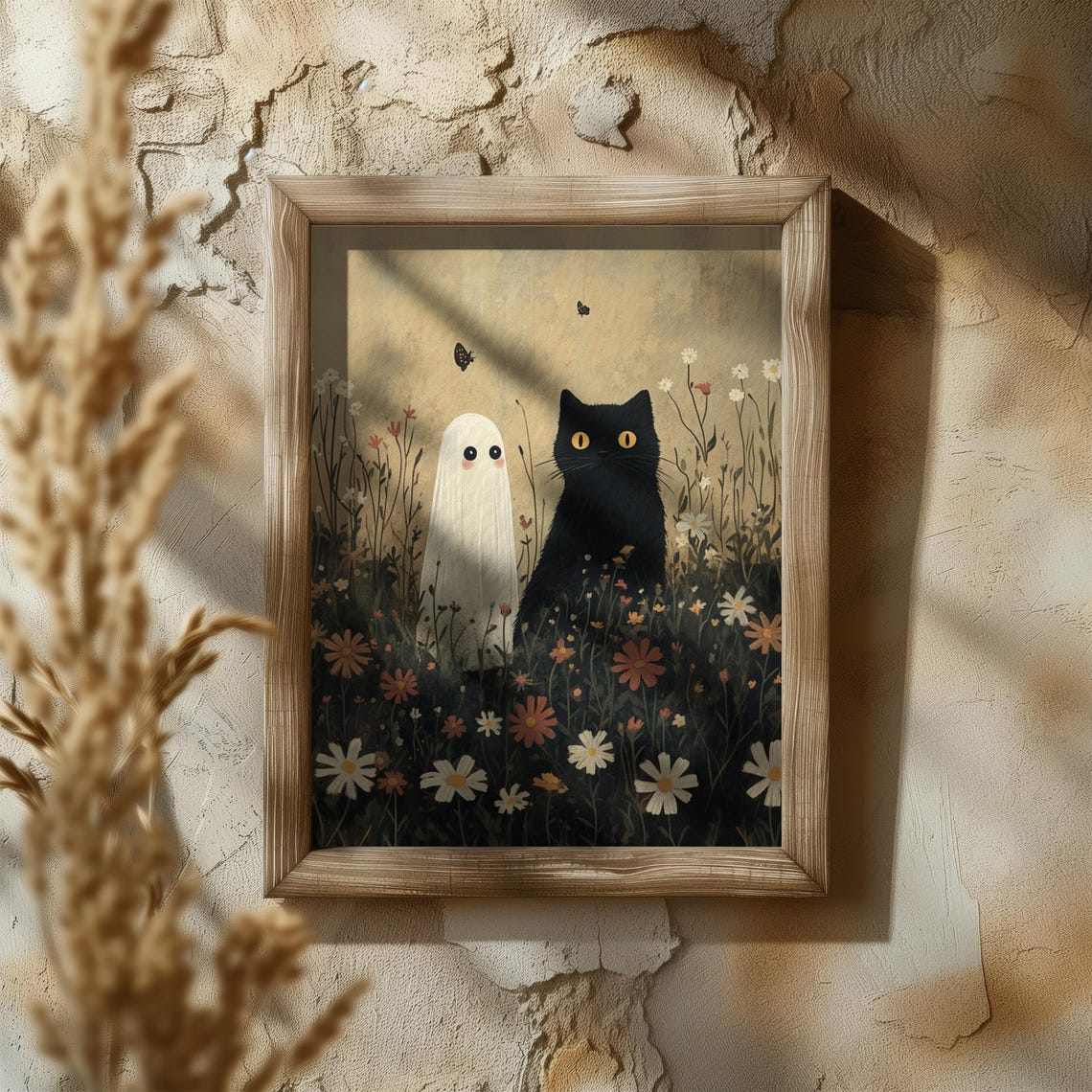 Black Cat And Cute Ghost In Wildflower Meadow Vintage Poster - Image 5