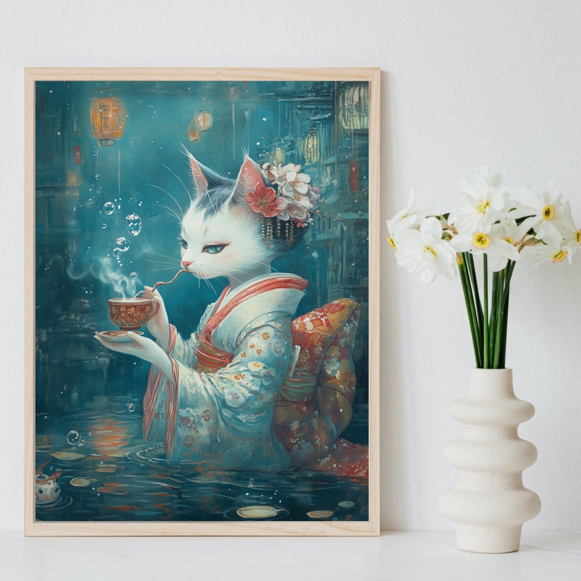 Elegant White Cat In Kimono Drinking Tea In Underwater Scene Poster - Image 8