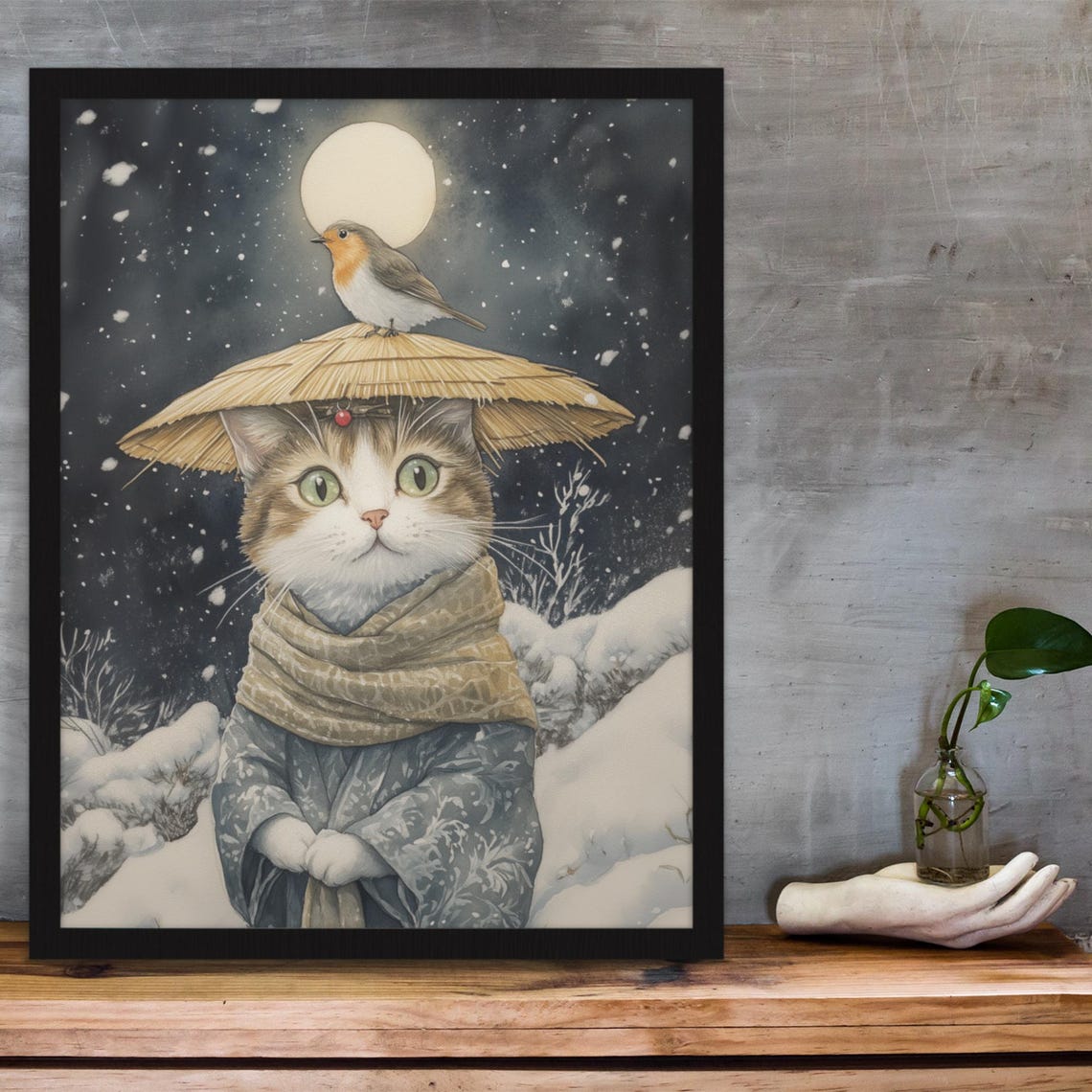 Tabby Cat In Straw Hat With A Robin Perched On A Snowy Night Poster - Image 3