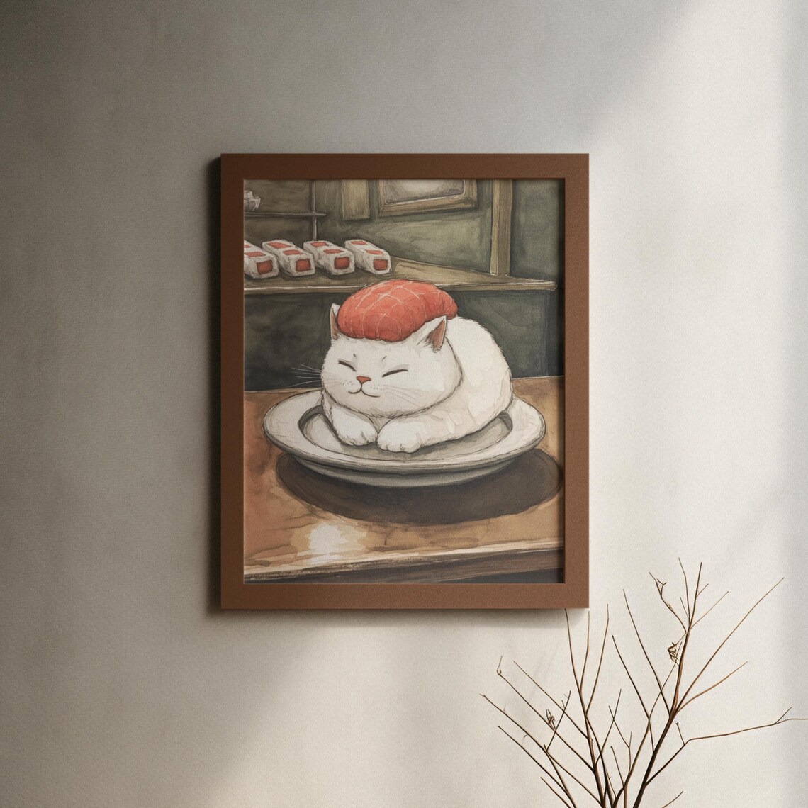 White Cat Curled Up Like Salmon Nigiri Sushi Watercolor Poster - Image 6