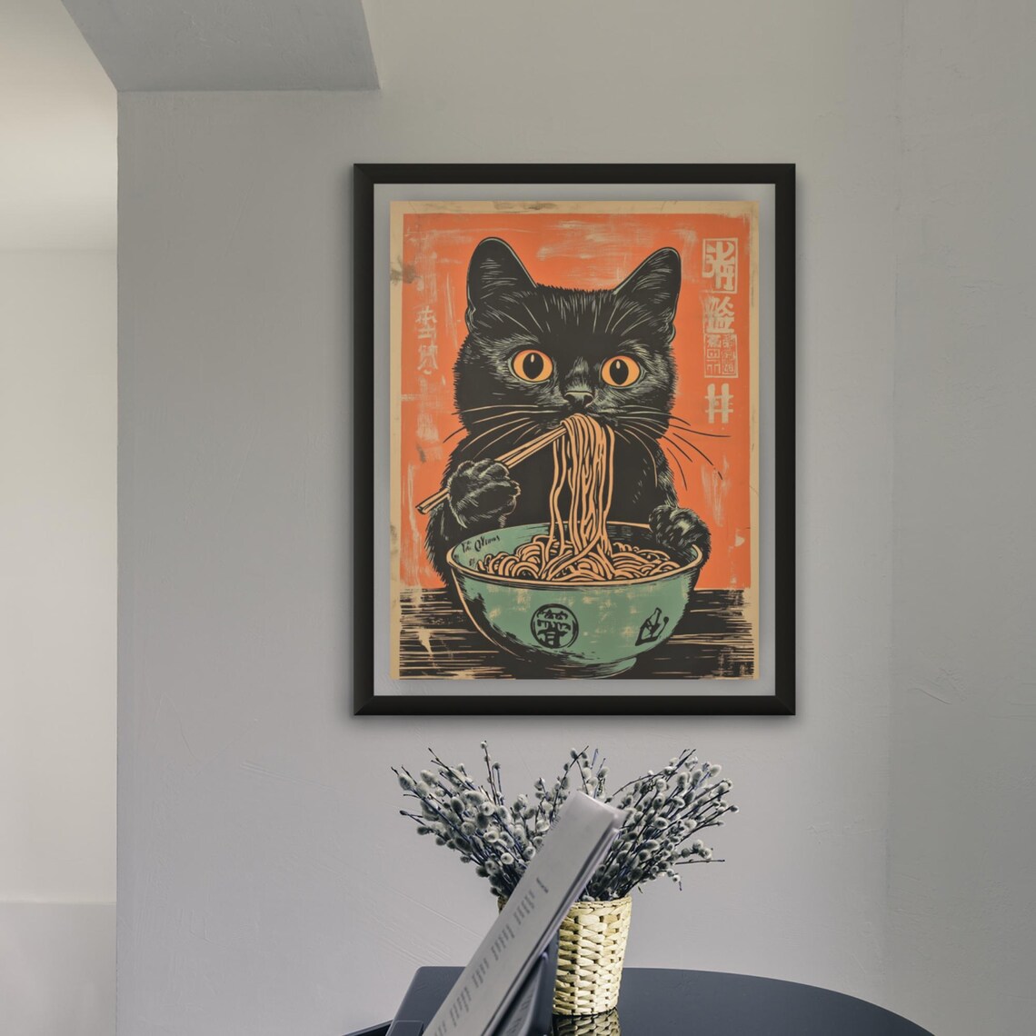 Black Cat Slurping Ramen Noodles Japanese Retro Style Poster - Image 4