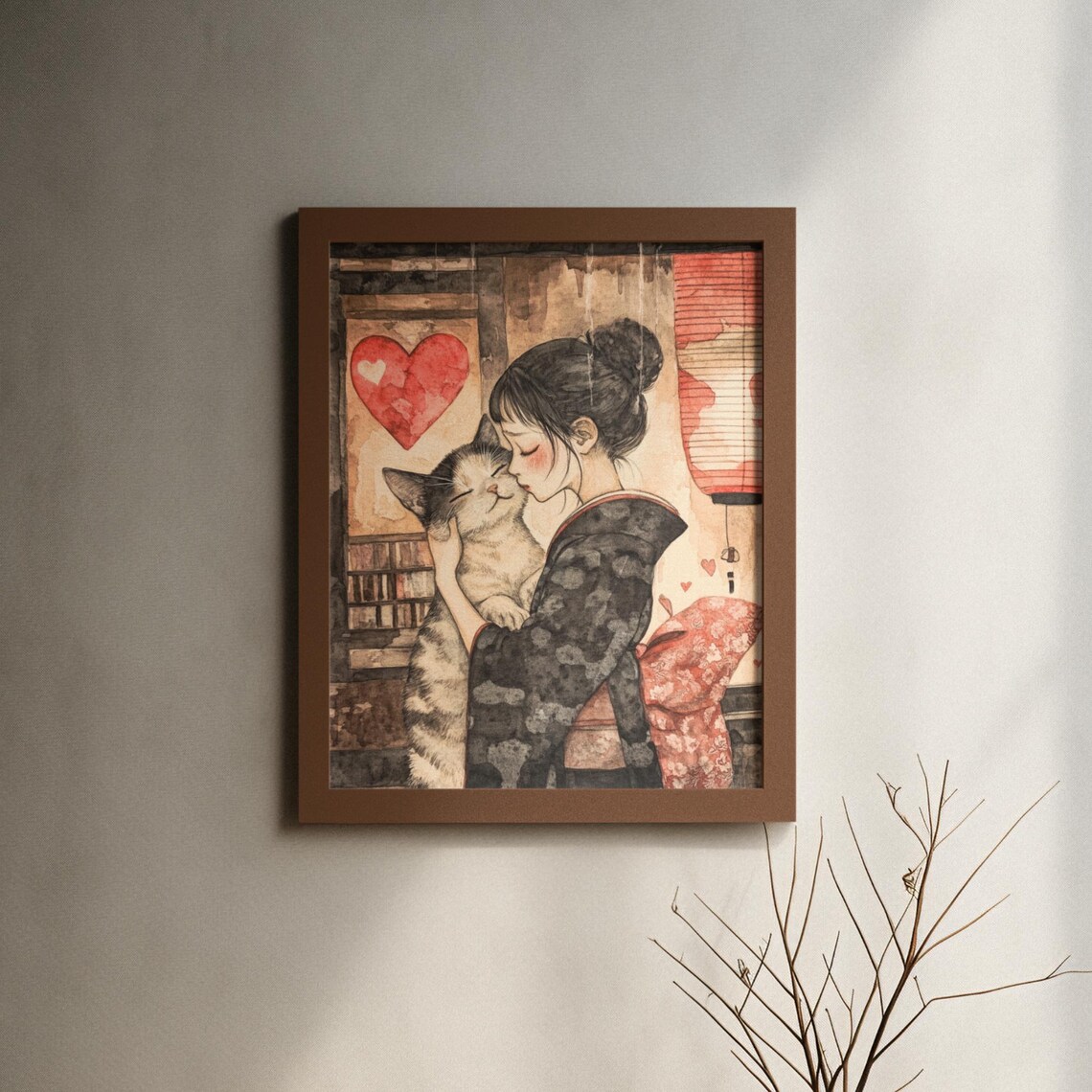 Woman In Kimono Tenderly Kissing A Tabby Cat Red Hearts Poster - Image 6