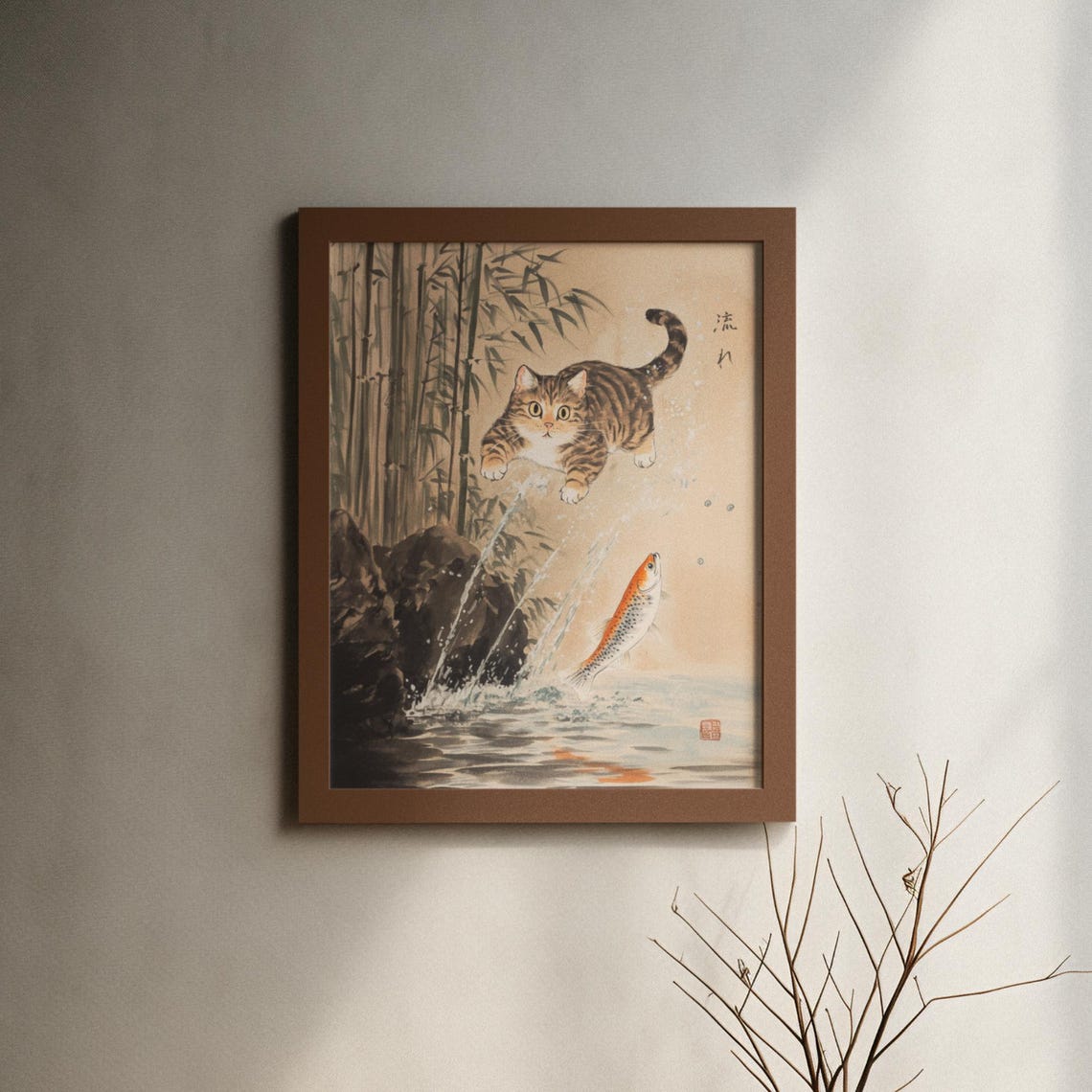 Tabby Cat Pouncing At Leaping Fish In Bamboo Ink Wash Poster - Image 6
