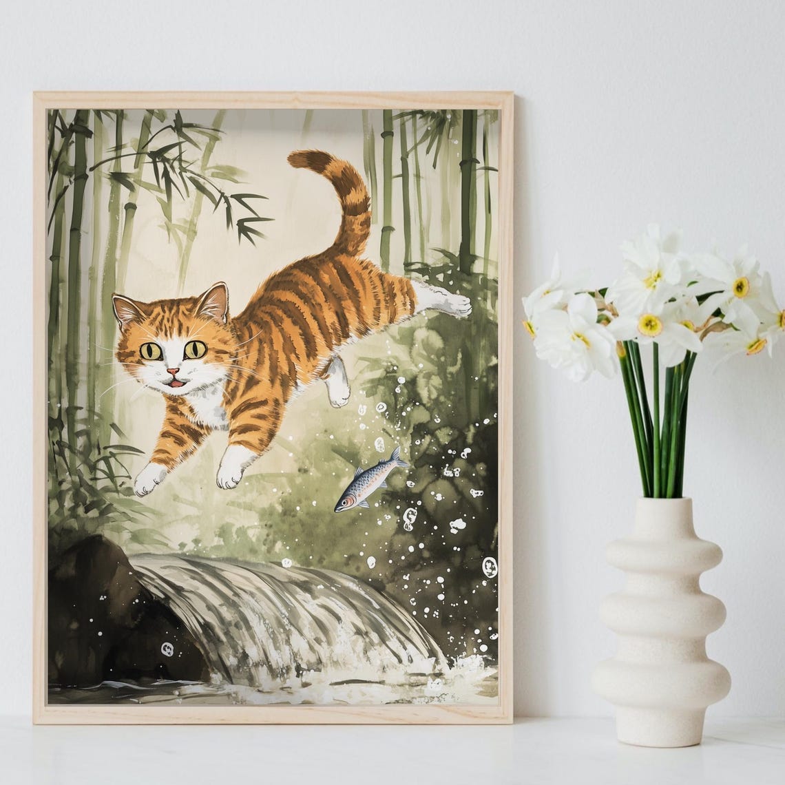 Orange Tabby Cat Leaping Over A Stream In Bamboo Forest Poster - Image 8