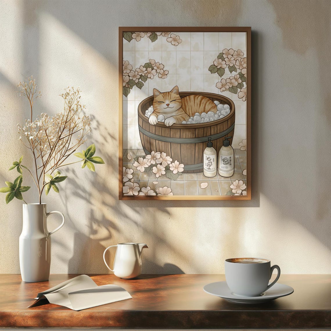 Orange Tabby Cat Relaxing In Wooden Tub Cherry Blossom Poster - Image 7