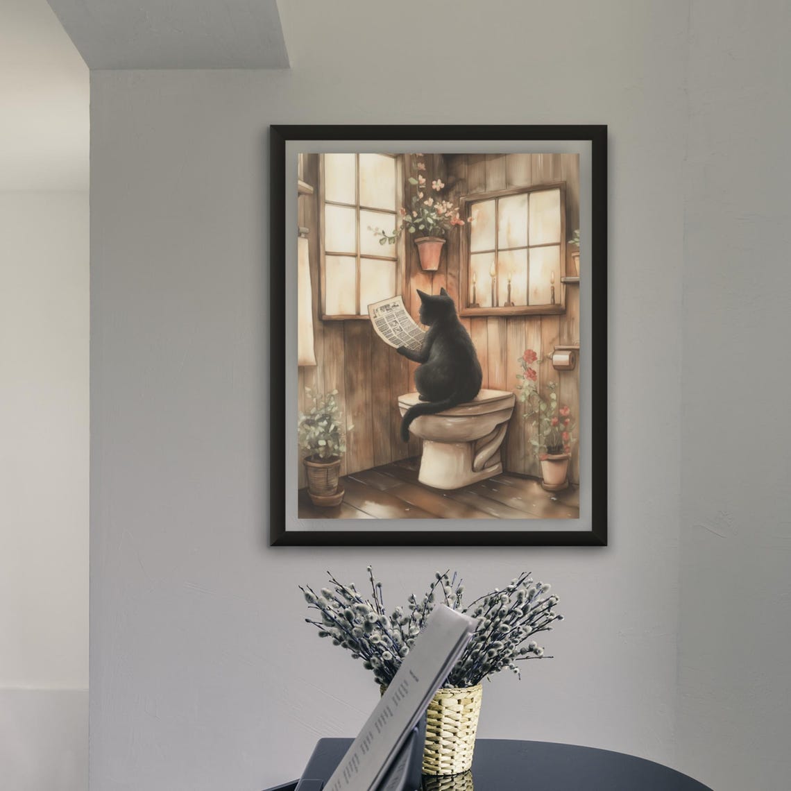 Black Cat Reading Newspaper On Toilet In Rustic Cabin Poster - Image 4