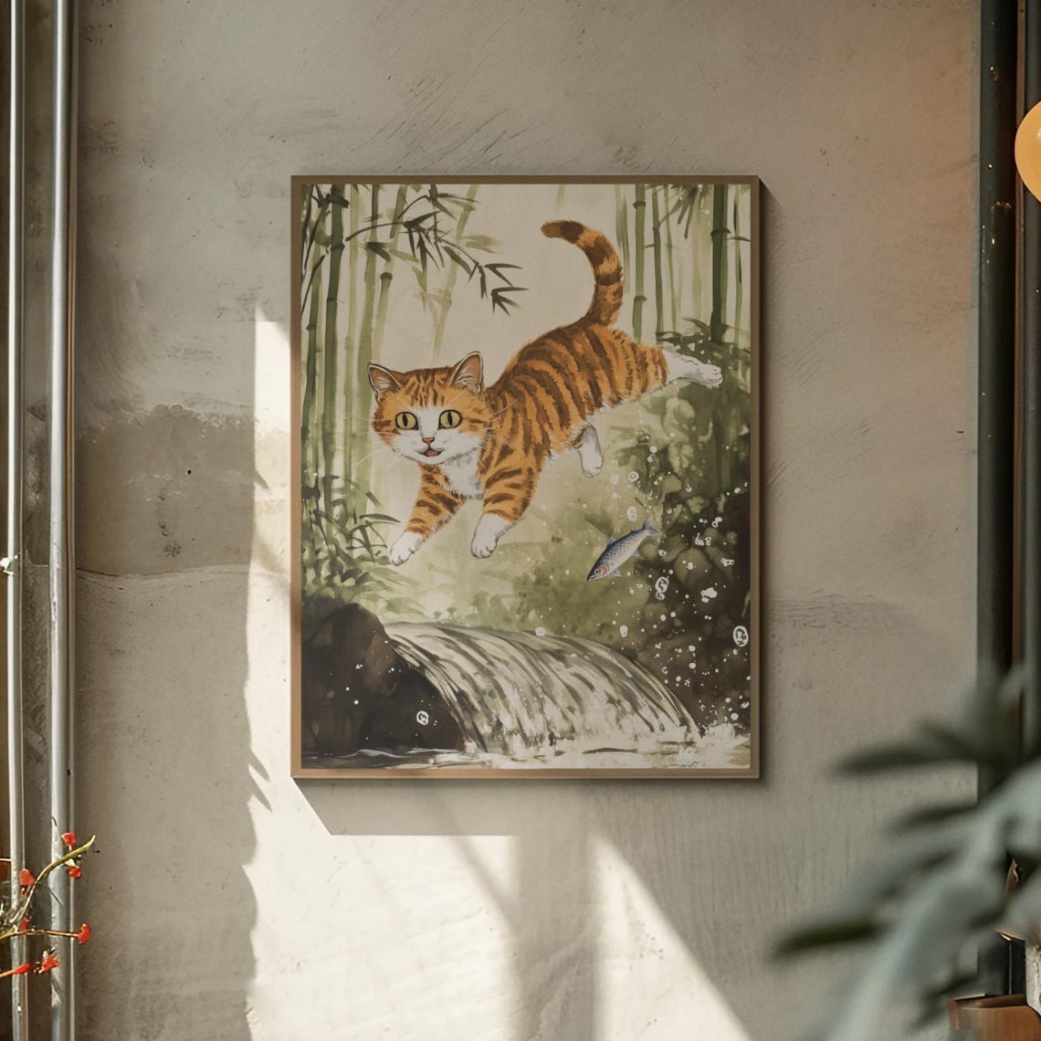 Orange Tabby Cat Leaping Over A Stream In Bamboo Forest Poster - Image 2