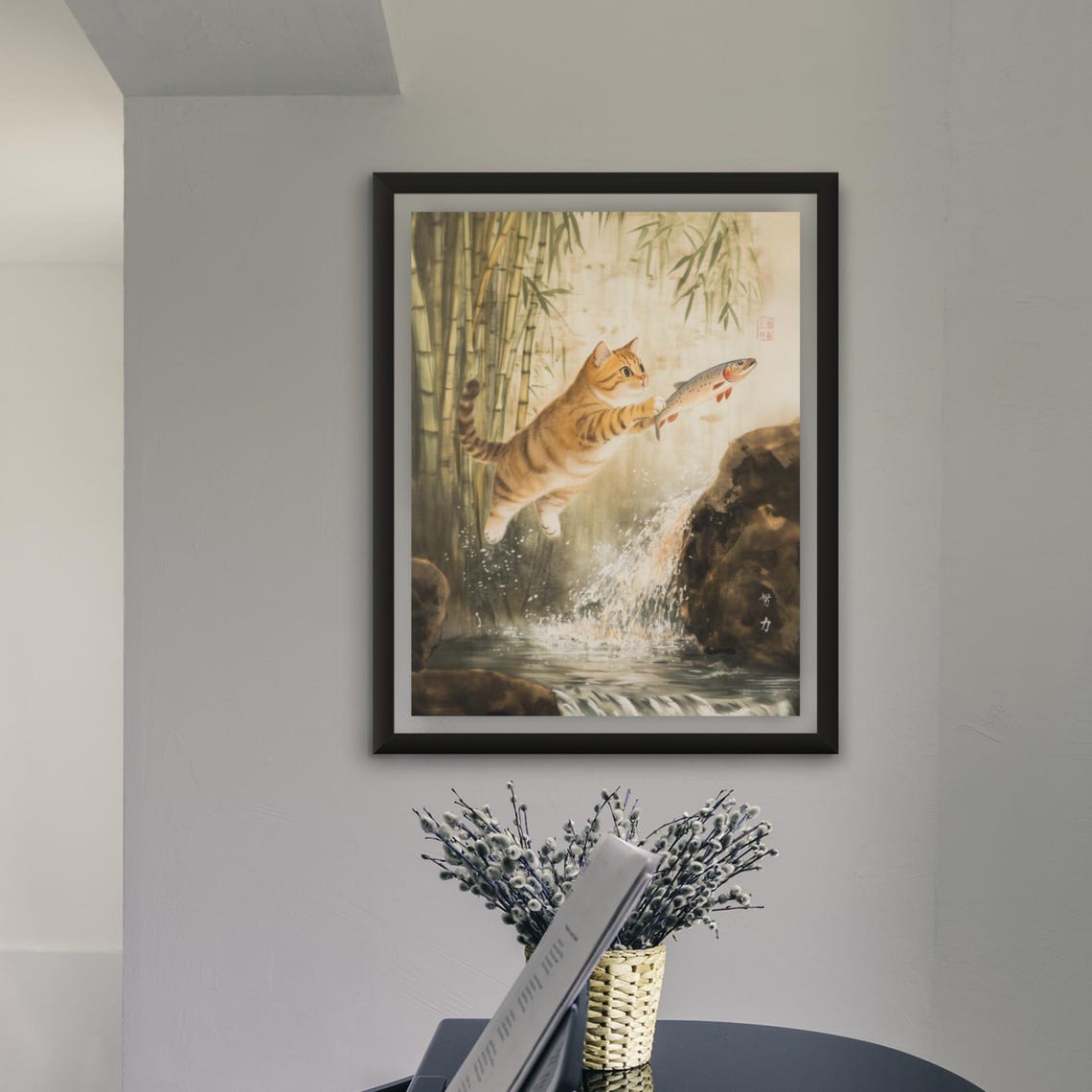Orange Tabby Cat Catching Fish At A Waterfall In Bamboo Poster - Image 4