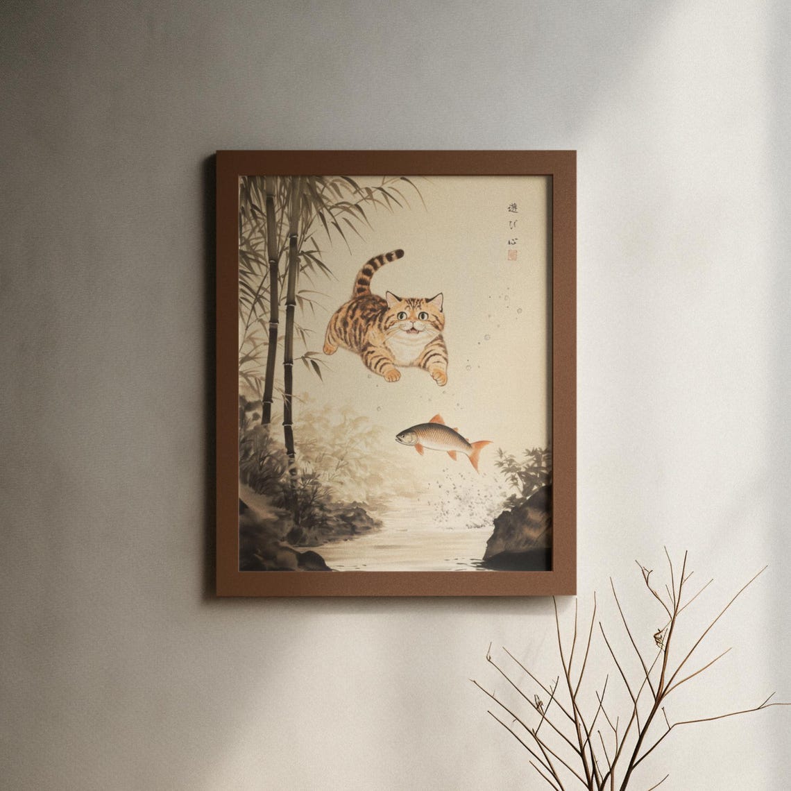 Orange Tabby Cat Diving Down Toward A Fish In Bamboo Grove Poster - Image 6