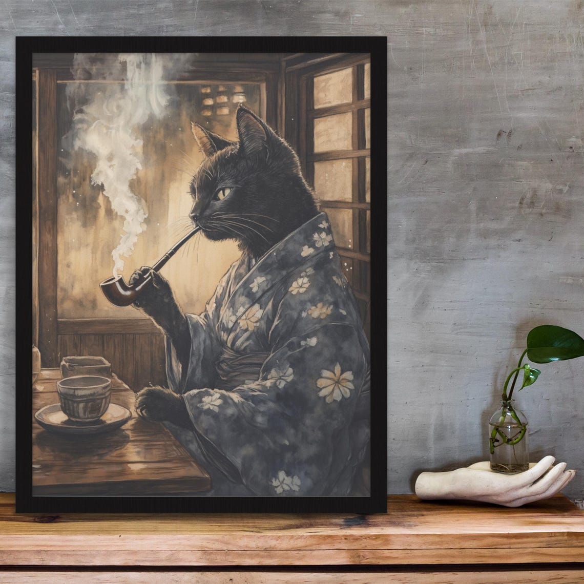 Black Cat Enjoying A Long Pipe In A Dark Floral Kimono Poster - Image 3
