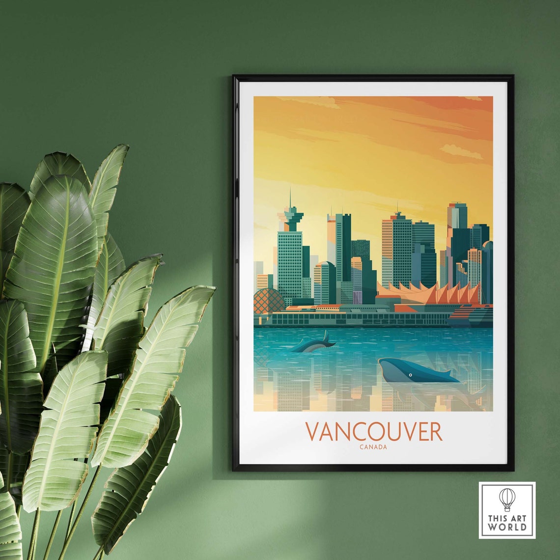 Vancouver Canada Skyline Harbor Whales Sunset Reflection Poster - Image 2