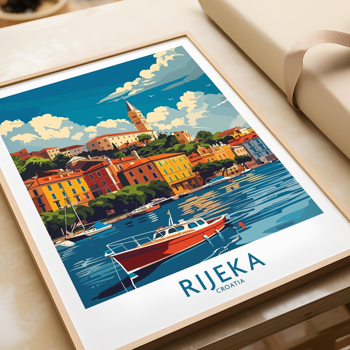 Rijeka Croatia Waterfront Red Boat Harbor Clock Tower Travel Poster