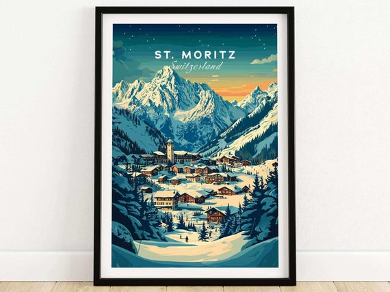 St Moritz Ski Print Switzerland Mountain Art Ski Lodge Wall Decor Winter Sports Artwork Mountain Alpine Chalet Gift Adventure Sport Resort