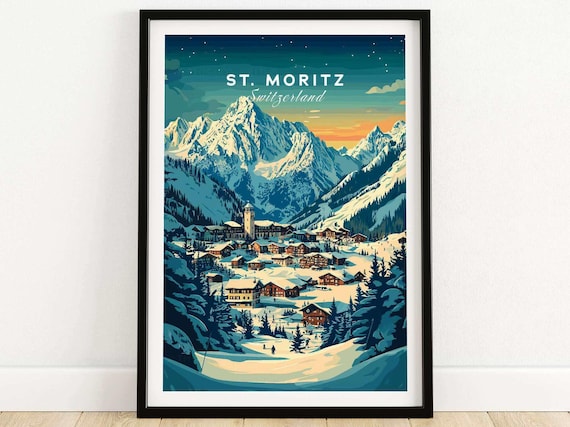 St Moritz Switzerland Moonlit Peaks Over Night Village Travel Poster