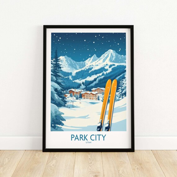 Park City Utah Night Ski Resort Scene Vintage Travel Starlit Poster