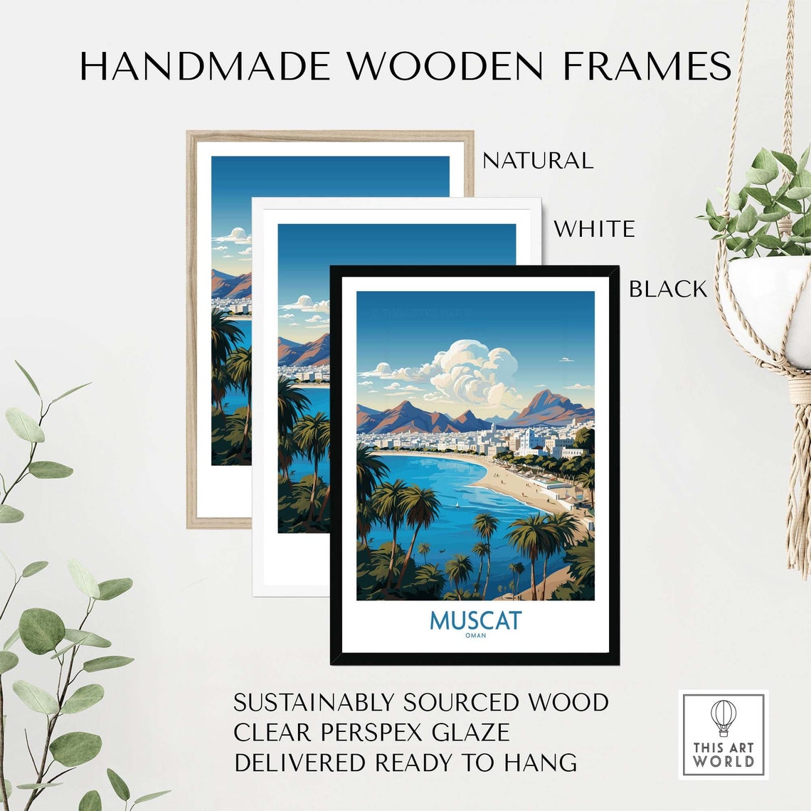 Muscat Oman Palm Beach Bay Mountains Waterfront Travel Poster - Image 4
