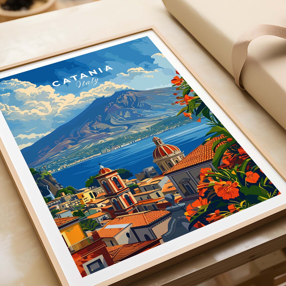 Catania Italy Mount Etna Sicily Coastal Vista Vintage Travel Poster