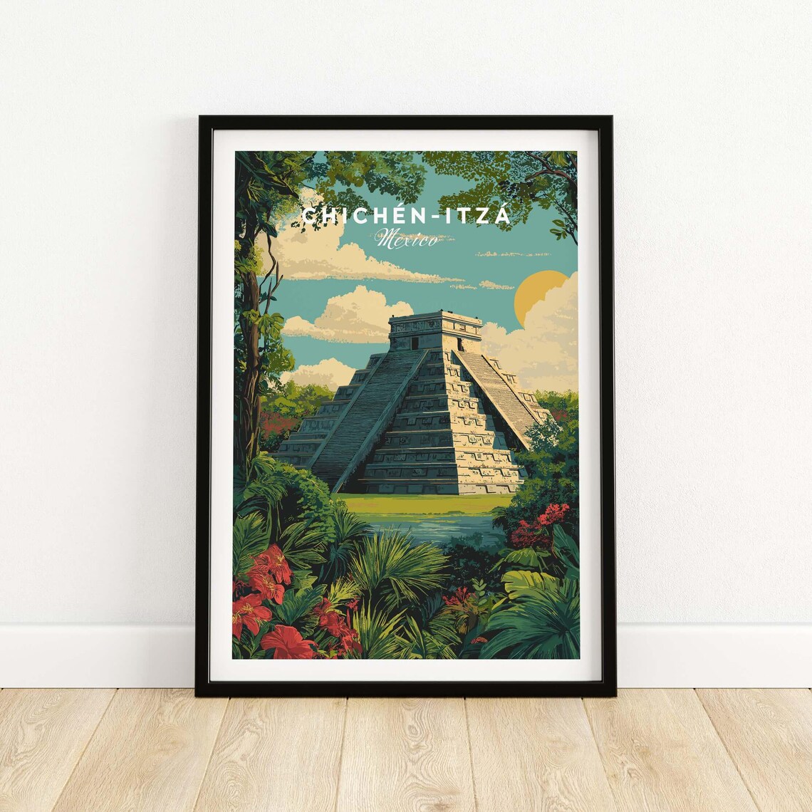 Chichn Itz Mexico Travel Poster Pyramid Jungle Print Mayan Ruins Wall Art Decor Gift Lovers Illustration