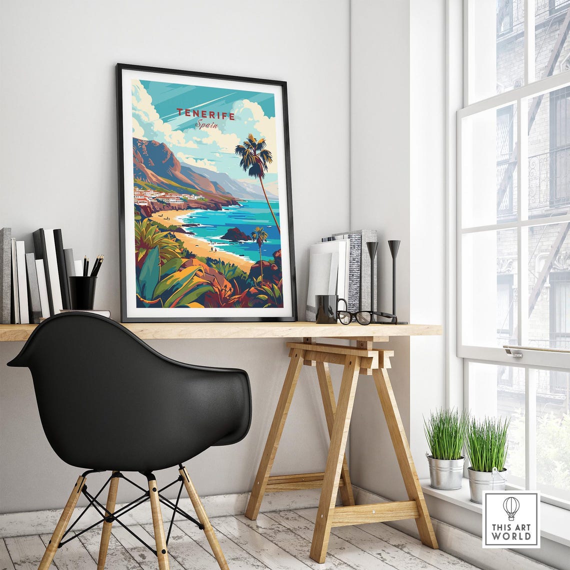 Tenerife Spain Beach Town Cliffs Palm Tree Ocean Scene Poster - Image 4