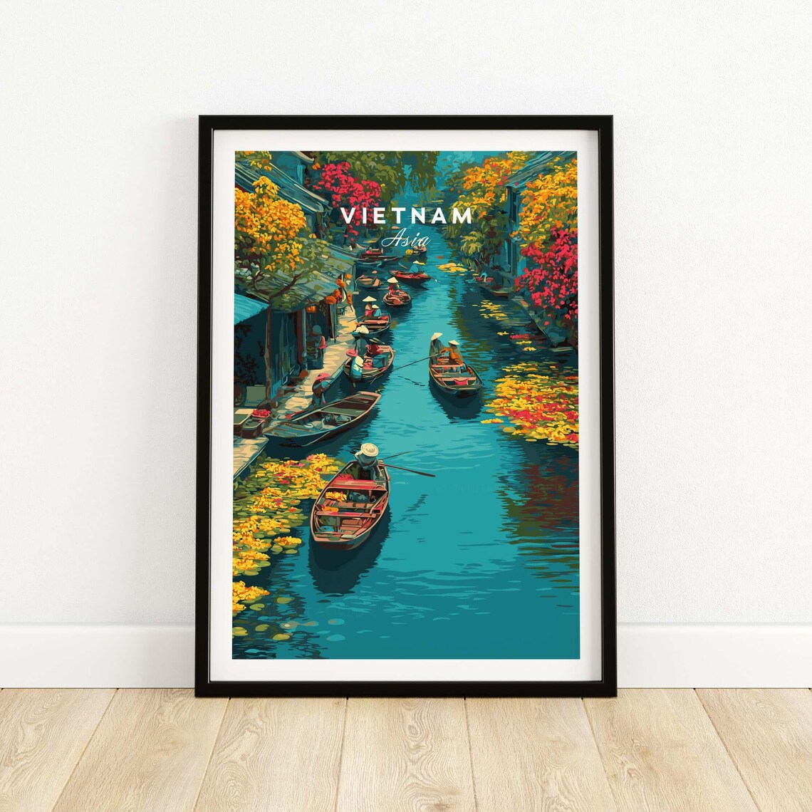 Vietnam Floating Market Boats Colorful Canal Asia Travel Poster