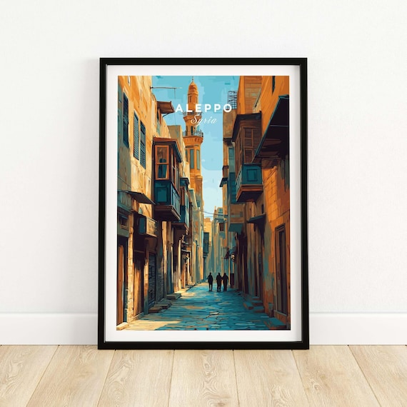 Aleppo Syria Historic Souk Street With Minaret Vintage Travel Art Poster