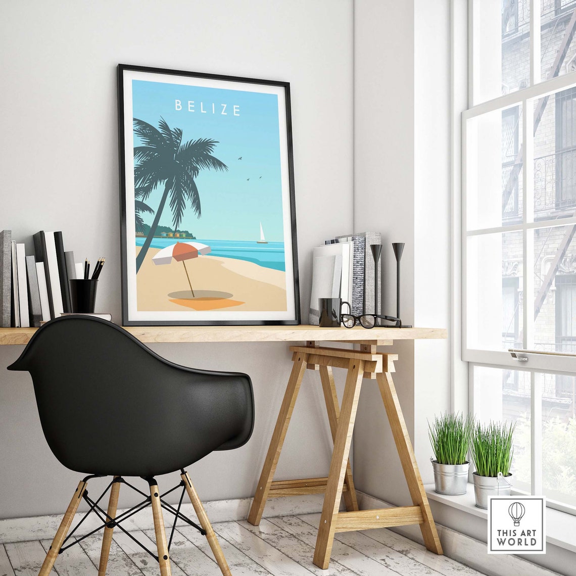 Belize Caribbean Beach Palm Tree Sailboat Minimal Travel Poster - Image 4