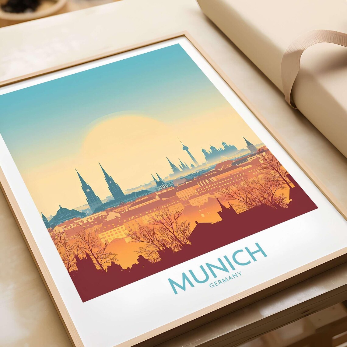 Munich Germany Skyline Sunset Silhouette Towers Travel Poster