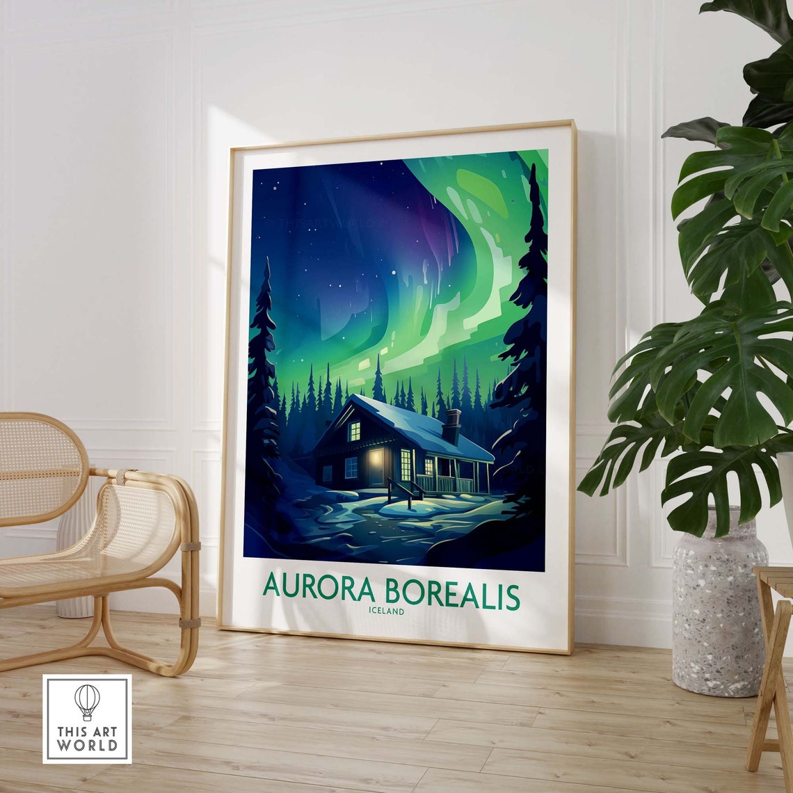 Aurora Borealis Iceland Northern Lights Snowy Cabin Travel Poster - Image 3