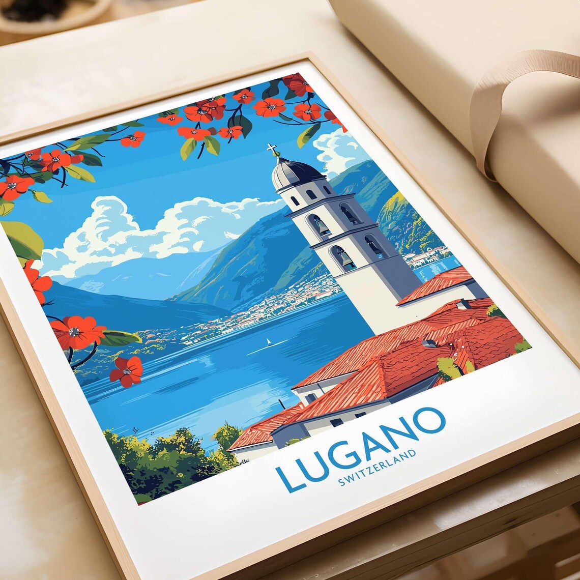 Lugano Switzerland Lake Church Tower Red Blossoms Travel Poster