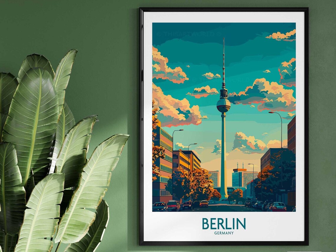 Berlin Germany TV Tower Sunset Cityscape Vintage Travel Art Poster