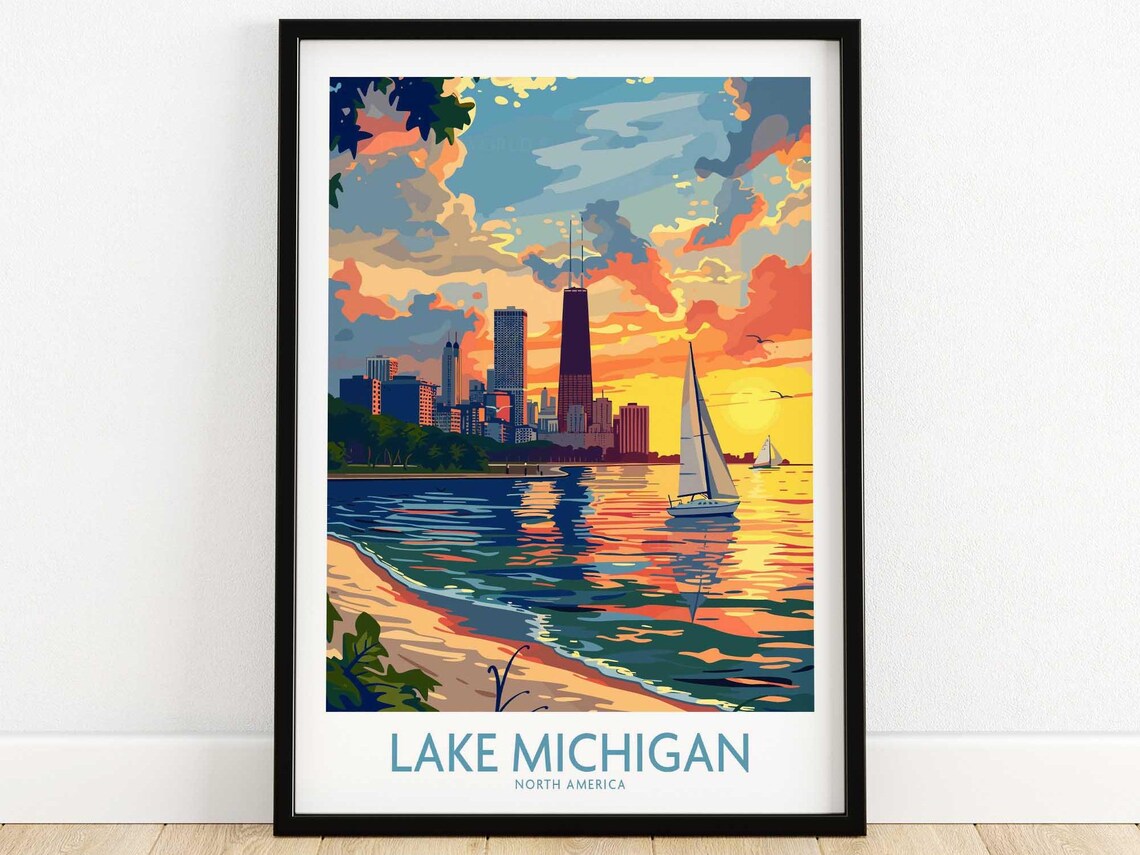 Lake Michigan Travel Poster Lake Michigan Print Wall Art Poster Gift Lake Michigan Home Decor Art Lover Gift Lake Michigan Artwork