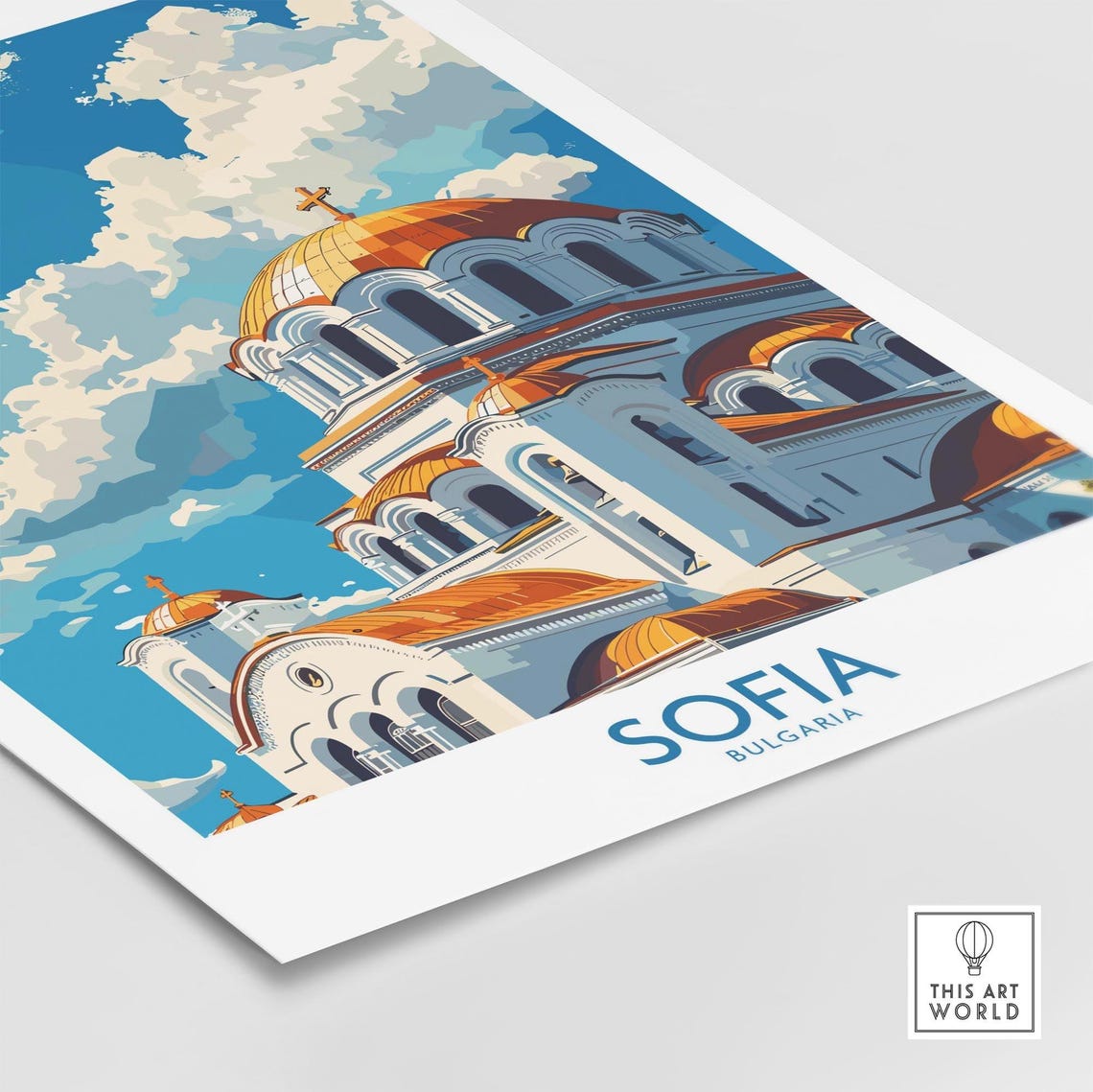 Sunny Sofia Bulgaria Golden Domed Cathedral Retro Skyline Poster - Image 4