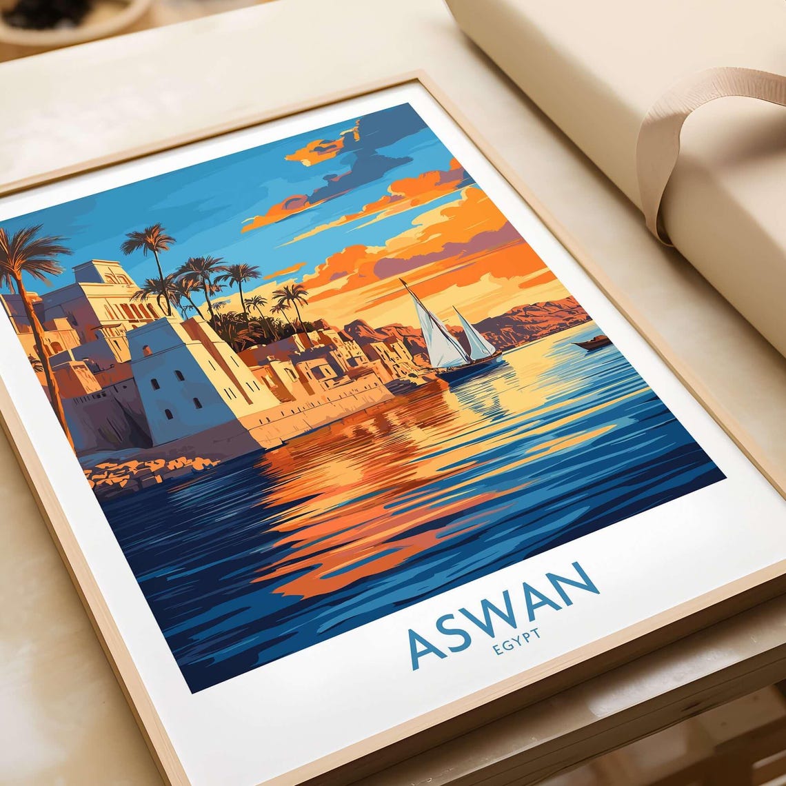 Aswan Egypt Sunset Felucca Riverfront Palm Trees Travel Poster