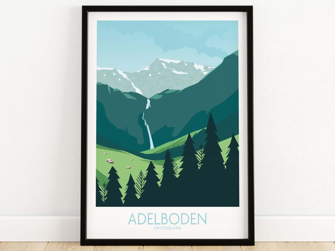 Adelboden Switzerland Alpine Valley Waterfall Meadow Travel Poster