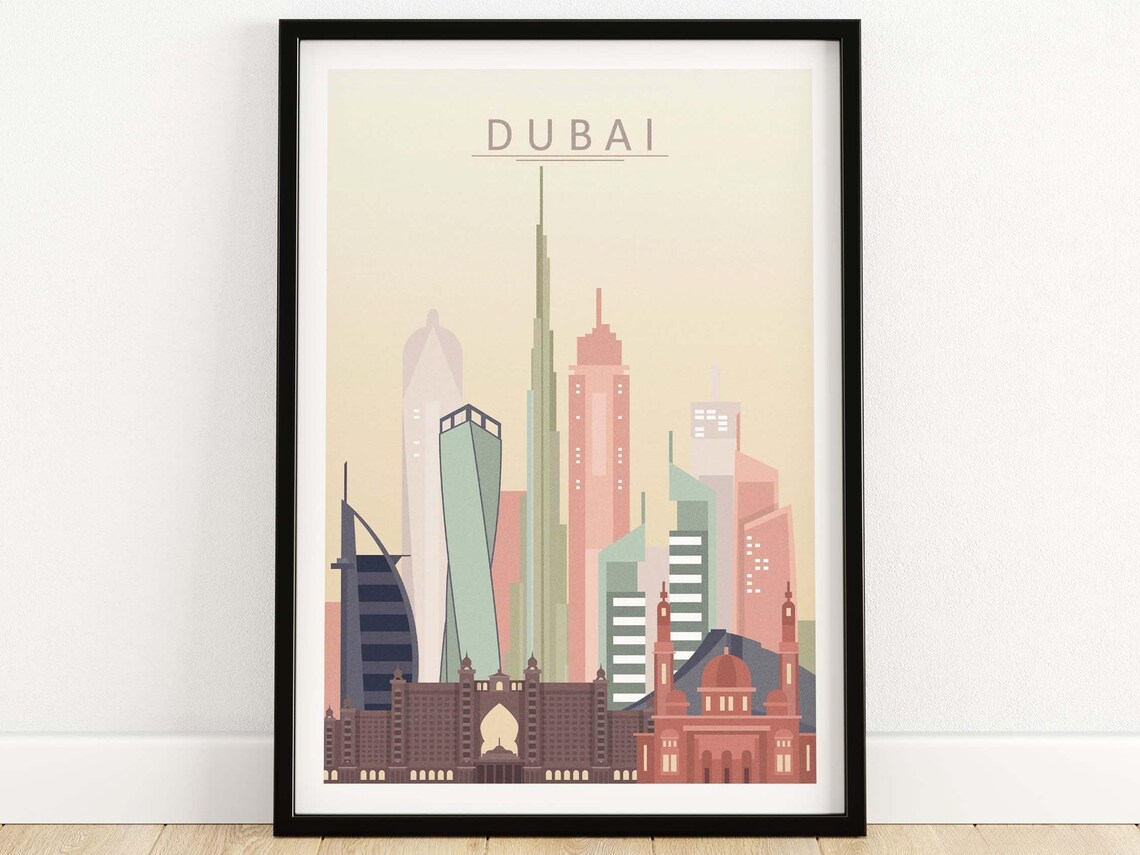 Dubai City Skyline Art Print, Travel Poster