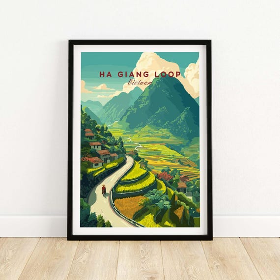 Ha Giang Loop Vietnam Travel Poster Rice Terraces Print Motorbike Landscape Art Gift Lovers Illustration