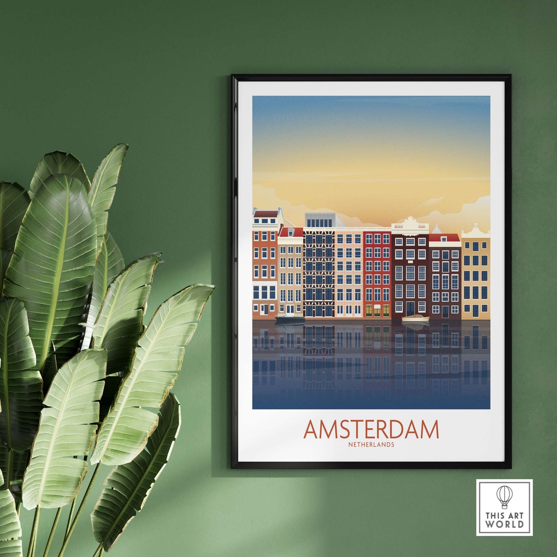 Amsterdam Netherlands Canal Houses Sunset Reflection Art Poster - Image 3