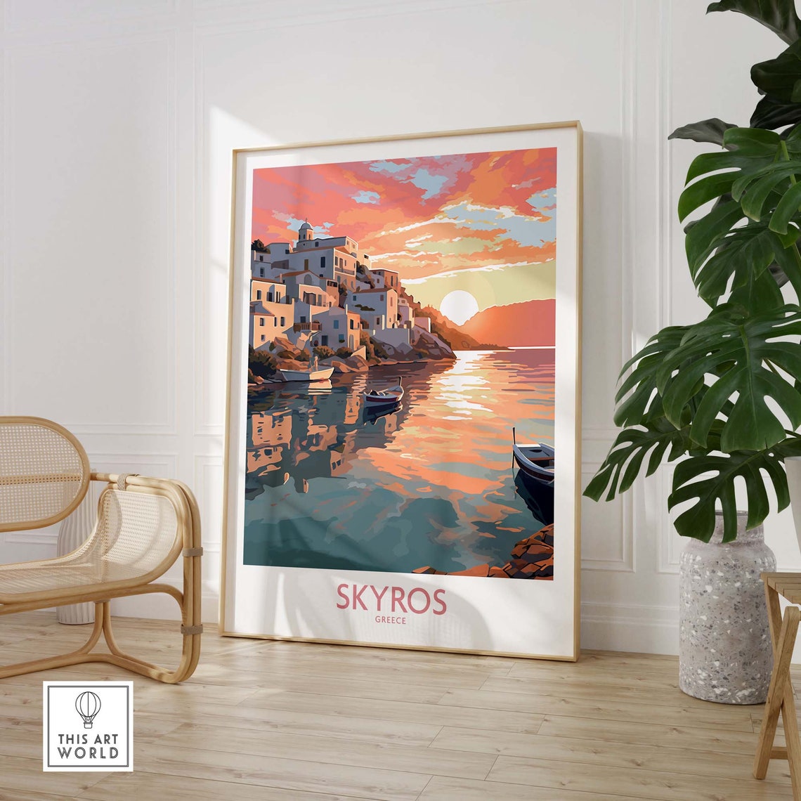Skyros Greece Whitewashed Island Village Sunset Boats Sea Poster - Image 3