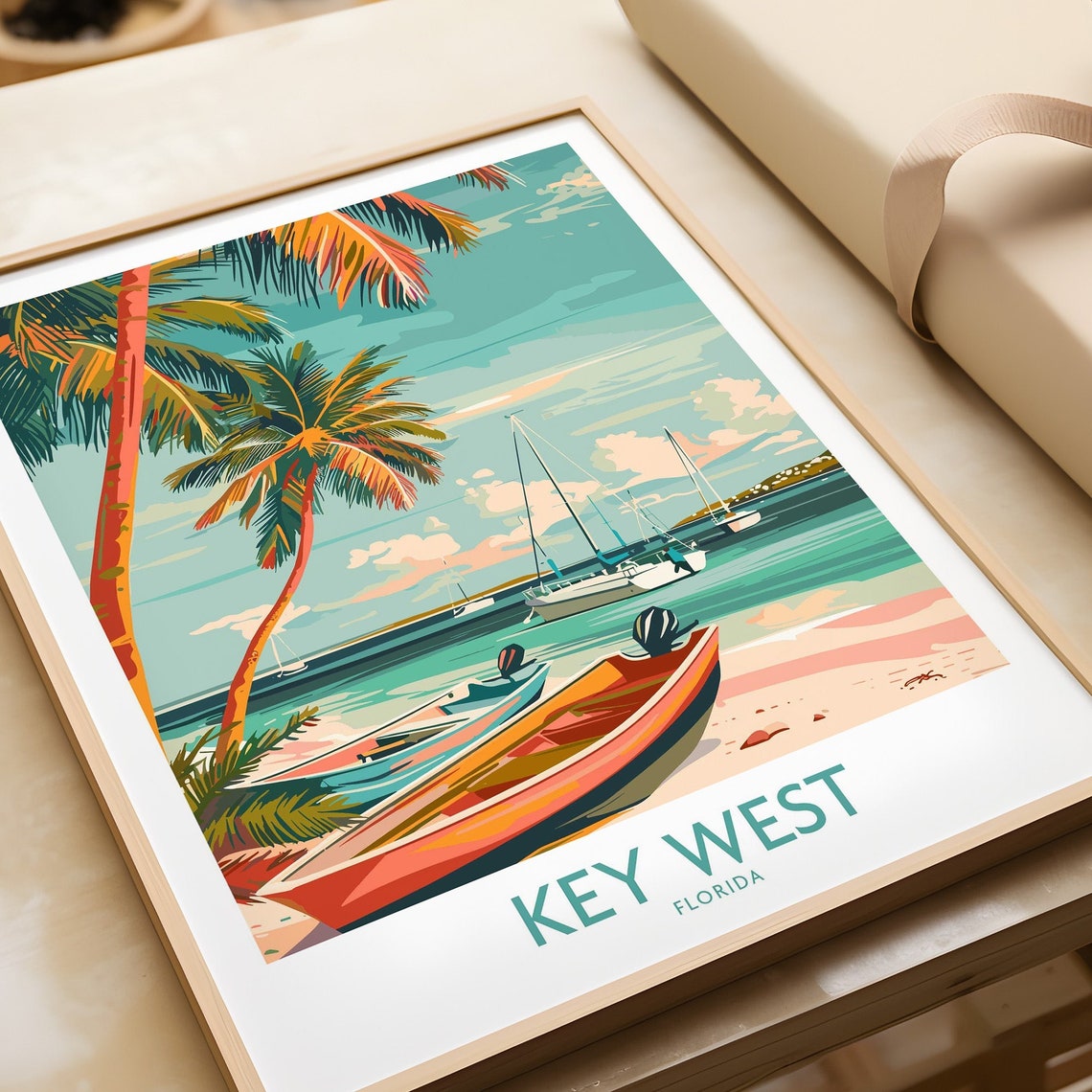 Key West Florida Sailboats Beach Turquoise Water Vintage Poster