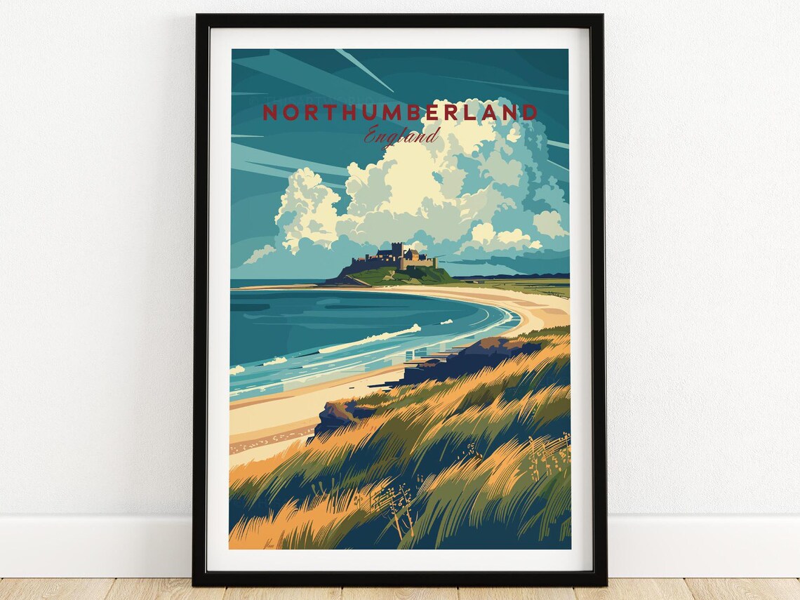 Coastal Northumberland England Bamburgh Castle Beach Retro Poster