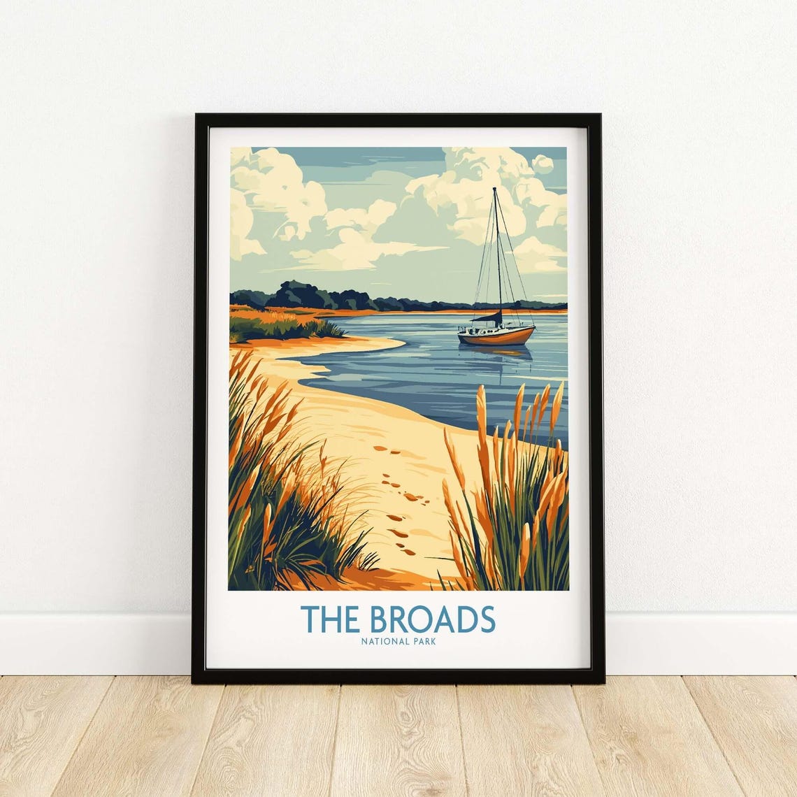 The Broads National Park Vintage Sailboat and Beach Scene Print