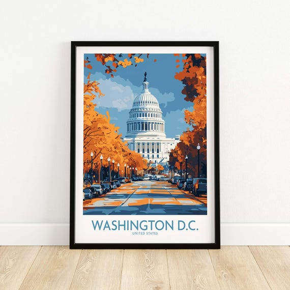Washington Dc Capitol Poster Heritage Wall Art Elegant Office Decor Travel Illustration Housewarming Gift Large Framed Print