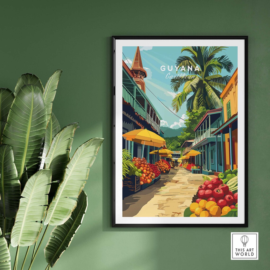 Guyana Caribbean Fruit Market Street Scene Vintage Travel Poster - Image 2